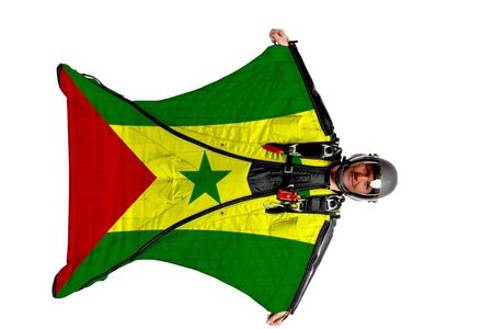 Panama flag. Men in wing suit templet. Skydiving men in parashute. Simulator of free fall.の写真素材