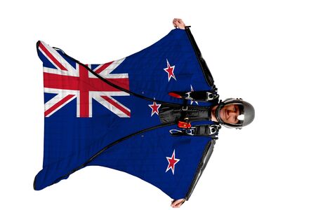 Panama flag. Men in wing suit templet. Skydiving men in parashute. Simulator of free fall.の写真素材