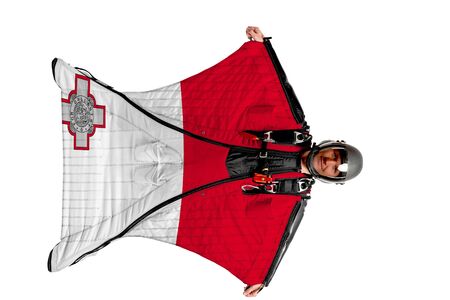 Panama flag. Men in wing suit templet. Skydiving men in parashute. Simulator of free fall.の写真素材