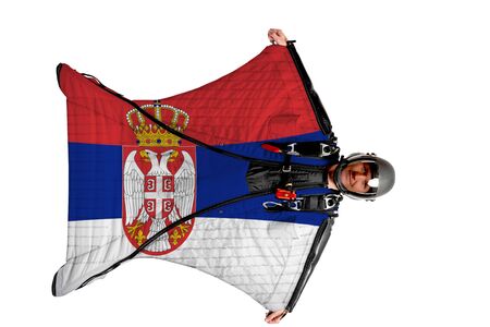 Panama flag. Men in wing suit templet. Skydiving men in parashute. Simulator of free fall.の写真素材