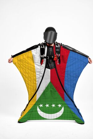 Comores extreme. Men in wing suit templet. Skydiving men in parashute. Simulator of free fall.の写真素材