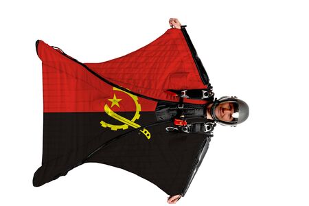 Panama flag. Men in wing suit templet. Skydiving men in parashute. Simulator of free fall.の写真素材