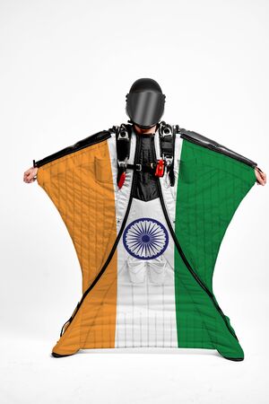 India extreme. Men in wing suit templet. Skydiving men in parashute. Simulator of free fall.の写真素材