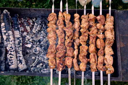 Pieces of delicious barbecued meat on skewer cooking on hot coals. Roast pork meat cooked on grill. Barbecue party on the nature. Close up top view.の写真素材