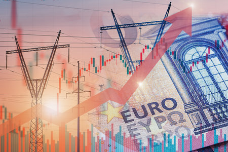 Power lines next to euro notes with stock chart and rising up arrow. Energy crisis in Europe. Price increase of electricity consumptions for home and industry. Electricity trade.の写真素材