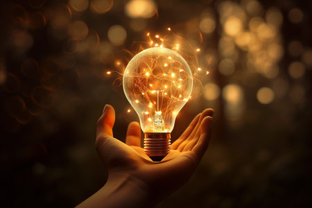 Attractive Woman Holding Glowing Light Bulb with Sparkling Lights and Bokeh Backgroundの素材