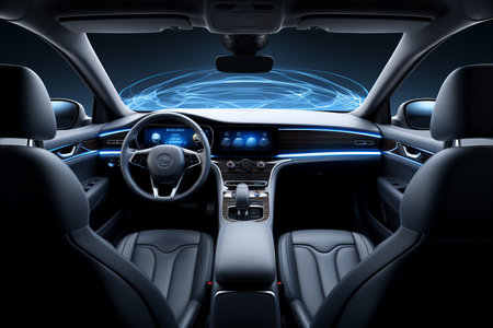 Modern car interior with computer dashboard and advanced technological features with artificial intelligenceの素材