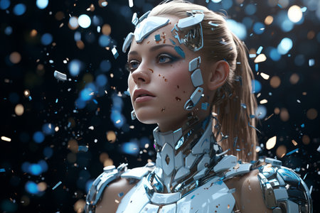 Global AI Research. Revolutionary Woman Robot Head with Machine Learning and Bionic Scienceの素材