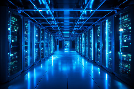 Rows of Server Racks in a Modern Data Center. Information Processing and Data Storage Centers.の素材