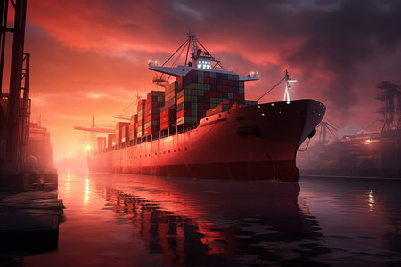 Container ship loaded with containers in the evening at bright red sunset in the sea portの素材