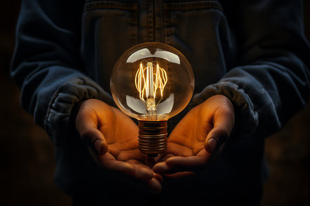 Glowing light bulb in two hands. Low key creative concept photo for innovation ideasの素材