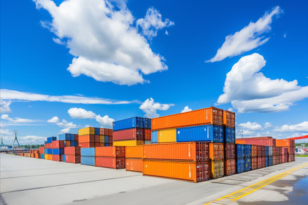 Large sea container warehouse at busy logistics terminal for efficient storage and distributionの素材