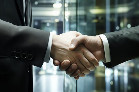 Professional business partners engaging in a firm handshake during a productive meetingの素材