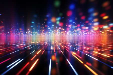 Abstract bokeh background with financial technology symbols and dynamic light streaksの素材