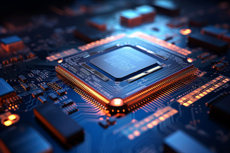 Close-up view of high-speed computer processor on advanced electronic circuit boardの素材
