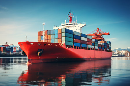 Large cargo ship carrying a multitude of logistical containers docked at a bustling portの素材
