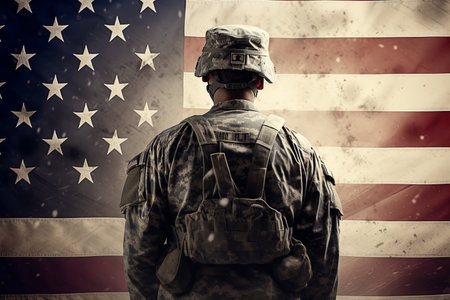 Silhouette of unrecognizable united states army soldier on the background of the national flagの素材