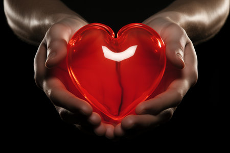 Glowing human heart symbol held in hands - powerful concept of love, compassion, and vitalityの素材