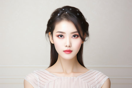 Captivating portrait of a serene and radiant young Korean woman embracing her inner beauty and graceの素材