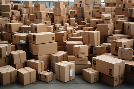 Overloaded Logistics. Mountains of Undelivered Orders in Cardboard Boxes at the Warehouseの素材