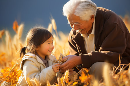 Chinese girl and her grandfather inspecting the abundant harvest of wheat they cultivated togetherの素材