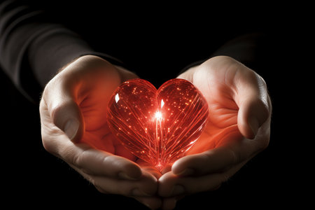 Radiant glowing symbol of human heart graciously held in hands with care and warmthの素材