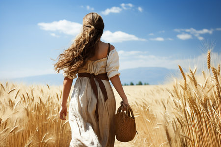 Beautiful woman in a sunlit wheat field, walking gracefully through the ripe golden cropsの素材
