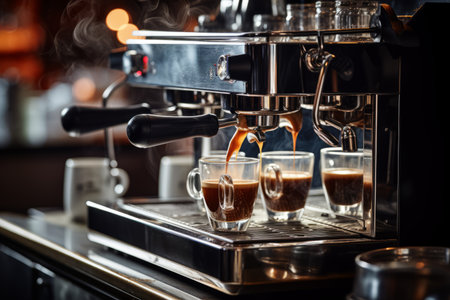 Espresso extraction from carob type professional coffee maker, close-up view.の素材
