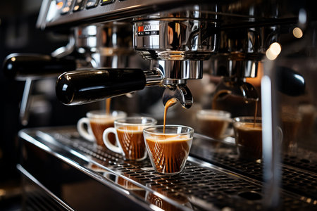 Professional carob-type coffee maker is crafting exquisite delicious espresso. Close-Up viewの素材