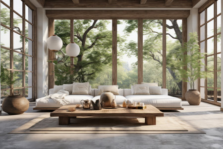 Asian Zen interior. Minimalist Japanese style design of modern living room. AI generatedの素材