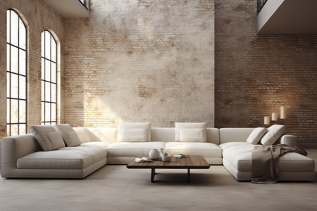 modern living room in loft design with large white sofa and coffee table. AI generatedの素材