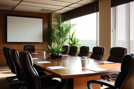 Interior of modern office meeting room with wooden table and chairsの素材