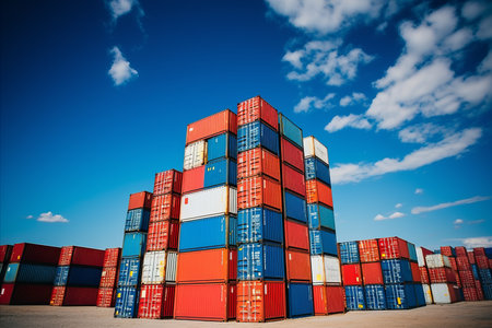 Many metal sea containers at port logistics terminal. Transportation and cargo delivery.の素材