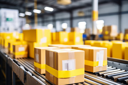 Cardboard Boxes on conveyor belt of modern warehouse logistics center. Delivery of client orders.の素材