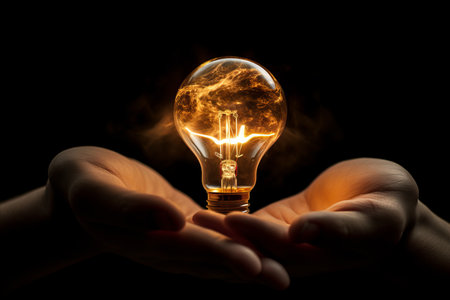 Close-up of a Persons Hands Holding a Glowing Light Bulb with Bright Illuminationの素材