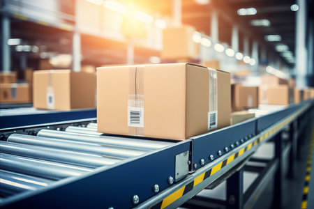 Cardboard Boxes on conveyor belt of modern warehouse logistics center. Delivery of client orders.の素材