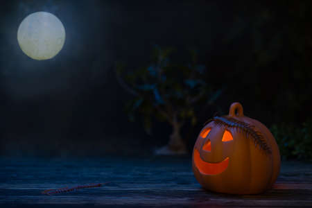 Halloween background with illuminated pumpkin at nightの写真素材