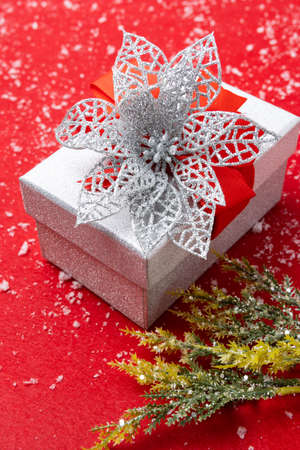 Vertical christmas decoration on red background and snowの写真素材