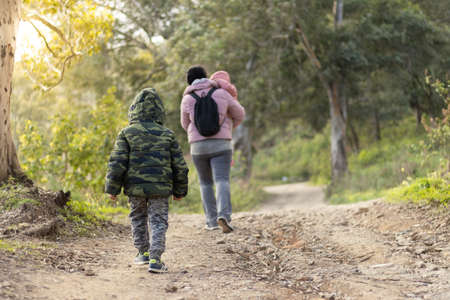 Mother and children walking in the field, unrecognizableの写真素材