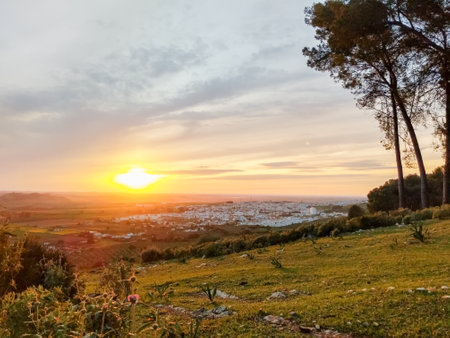 Landscape photography of the town of Seville at sunset, Montellanoの写真素材