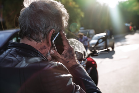 Man calling vehicle insurance on the phone because of a traffic accidentの素材
