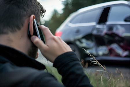 Man calling vehicle insurance on the phone because of a traffic accidentの素材