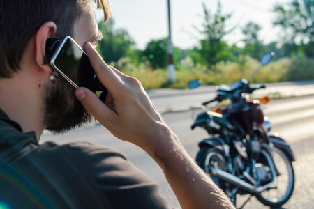 Man calling vehicle insurance on the phone because of a traffic accidentの素材