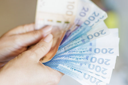Hand holding Moroccan banknotes, dirham official currency of Morocco