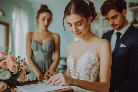 A bride is signing a document in front of two other people. The bride is wearing a white dress and a man is wearing a blue suitの素材