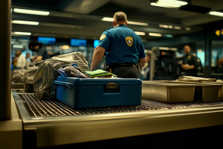 A man in a blue shirt with a badge on it is standing in front of a blue box. He is likely a security officer or a baggage handler at an airport. The box is placed on a conveyor beltの素材