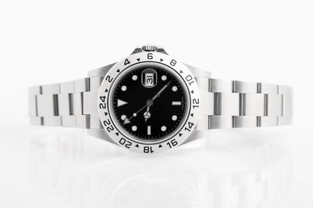front view of luxury watch, silver and blackの写真素材