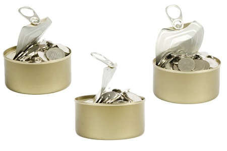 coins in a tin can isolated over white