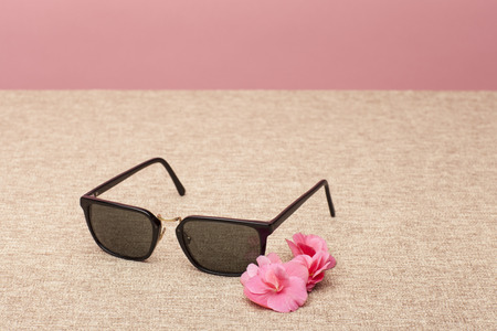 brown Sunglasses on canvas background an pink flower