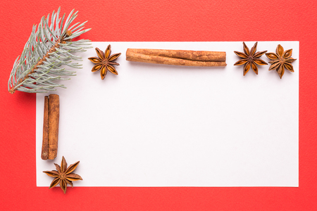 blank christmas card with anise star and cinnamon on red backgroundの写真素材